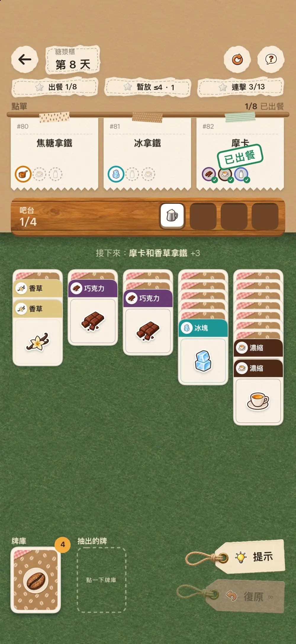 糖漿櫃進行中的一天：吧台上方有三張點單，還有一列列食材牌