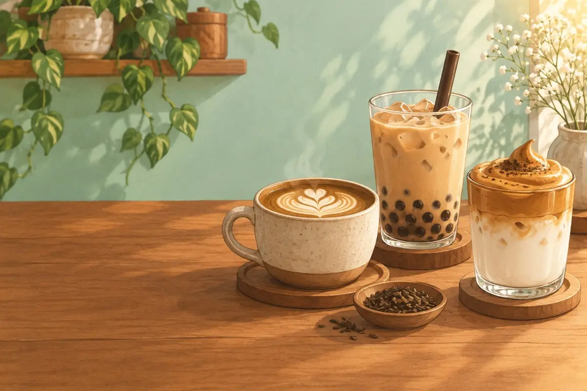 Hojicha, brown sugar boba and whipped dalgona coffee.