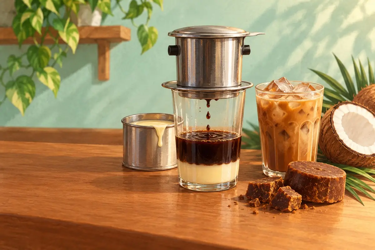 Southeast Asian coffee: condensed milk, palm sugar, coconut and Hanoi egg coffee.