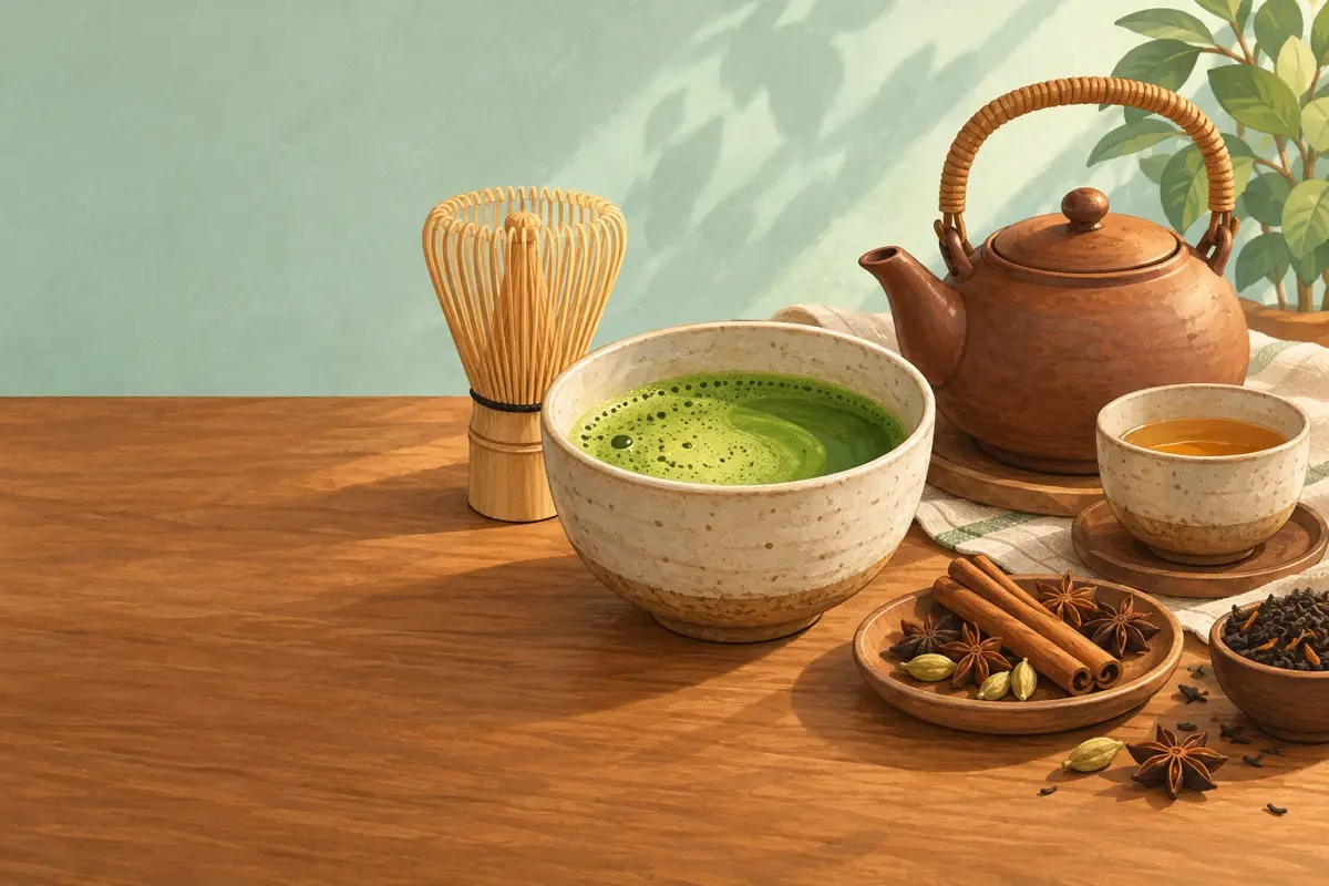 Matcha, black tea and chai. Whisked, steeped and spiced.